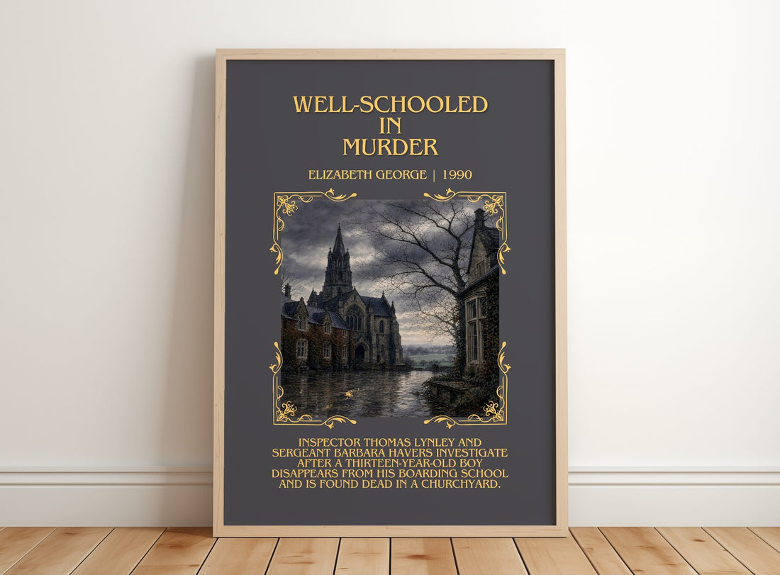 Well-Schooled in Murder Minimalist Book Poster by Elizabeth George – framed print leaning on a wooden floor