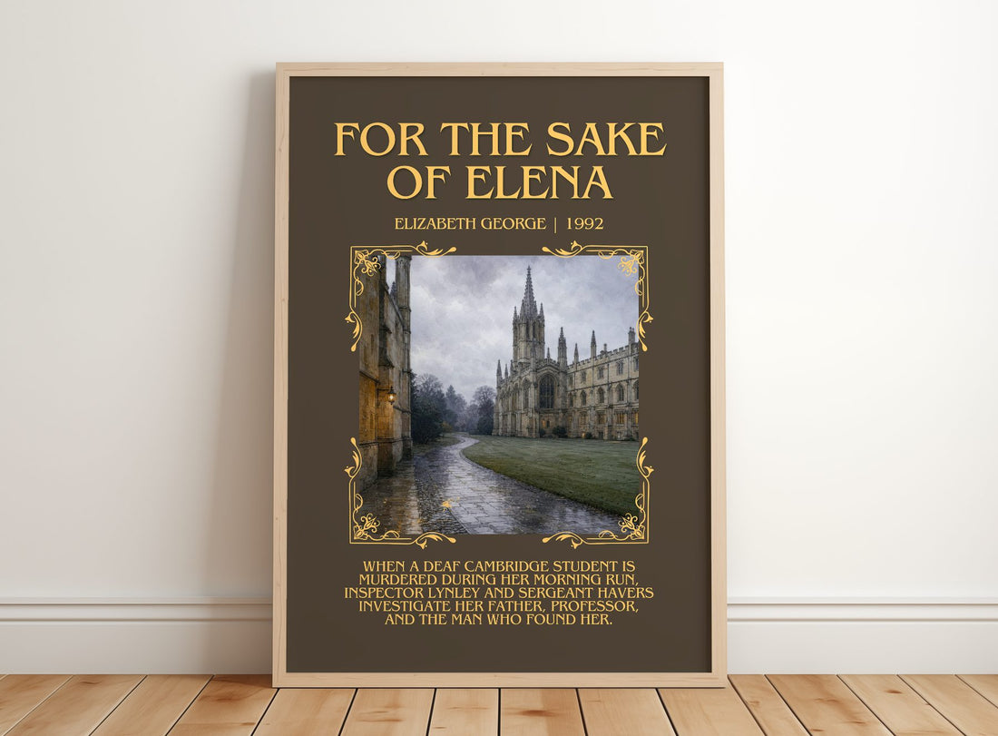 For the Sake of Elena Minimalist Book Poster by Elizabeth George – framed print leaning on a wooden floor