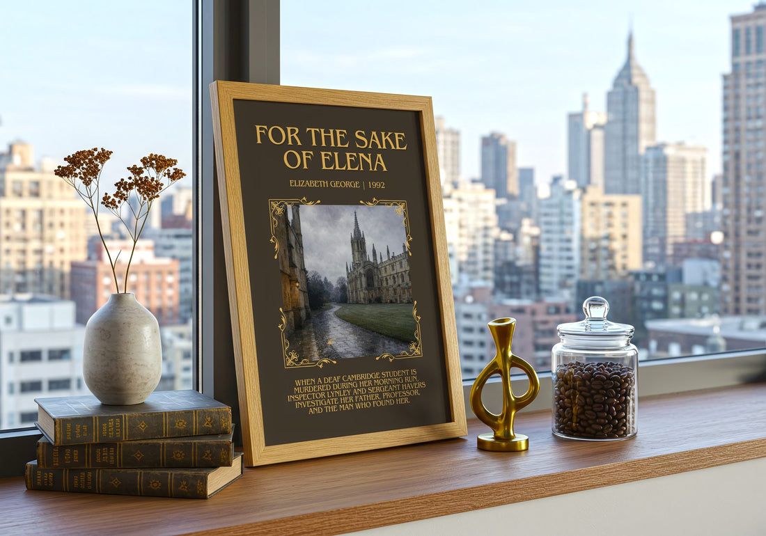 For the Sake of Elena Minimalist Book Poster by Elizabeth George – framed print on a city-view windowsill