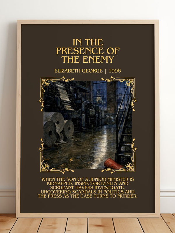 In the Presence of the Enemy Minimalist Book Poster by E. George – framed print leaning on a wooden floor