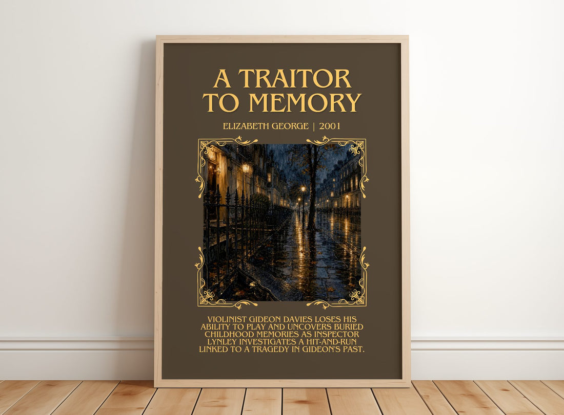A Traitor to Memory Minimalist Book Poster by Elizabeth George – framed print leaning on a wooden floor