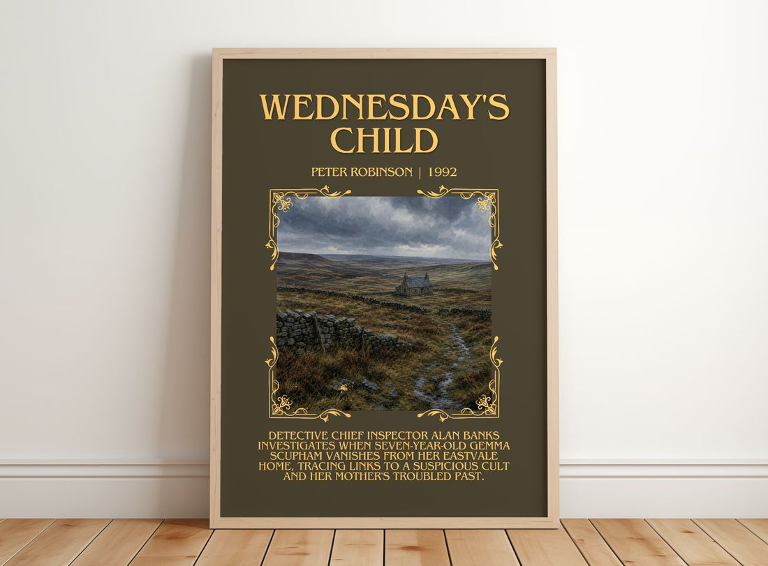 Wednesday's Child Minimalist Book Poster by Peter Robinson – framed print leaning on a wooden floor
