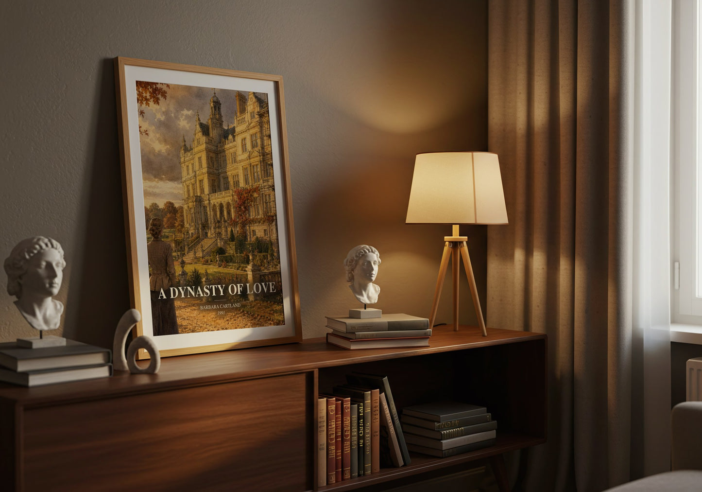 A Dynasty Of Love watercolour print on bookshelf – Barbara Cartland fan gift