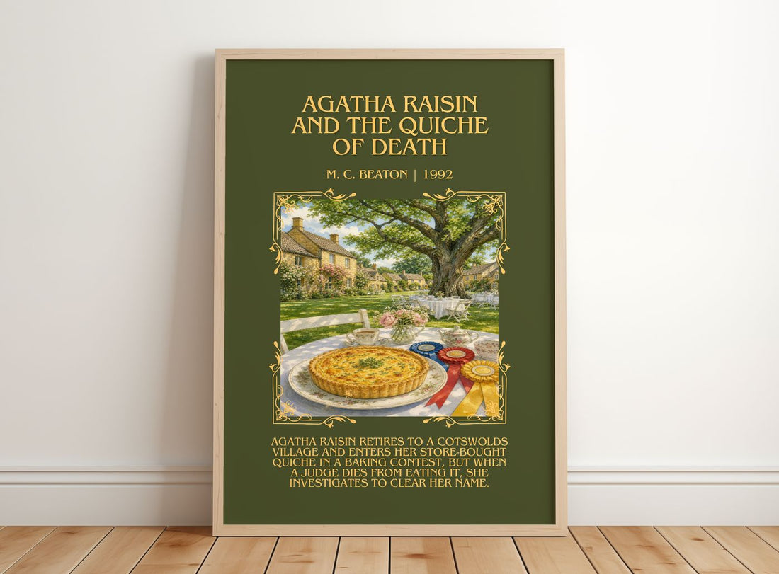 Agatha Raisin and the Quiche of Death Minimalist Book Poster – framed print leaning on a wooden floor