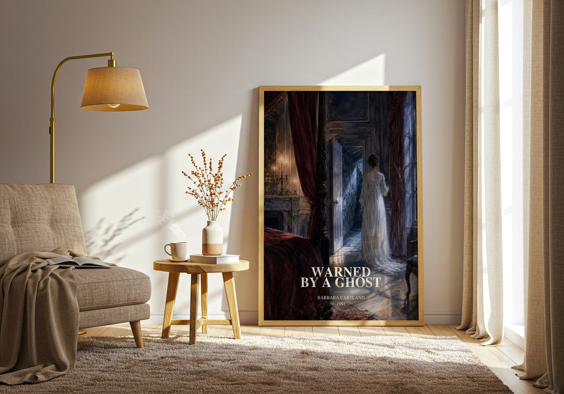 Warned By A Ghost watercolour print in frame leaning in hallway – romance wall art (mockup)