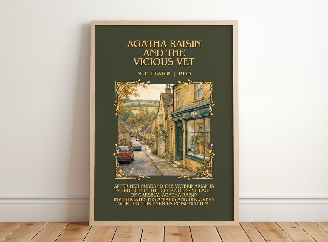 Agatha Raisin and the Vicious Vet Minimalist Book Poster by M. Beaton – framed print leaning on a wooden floor