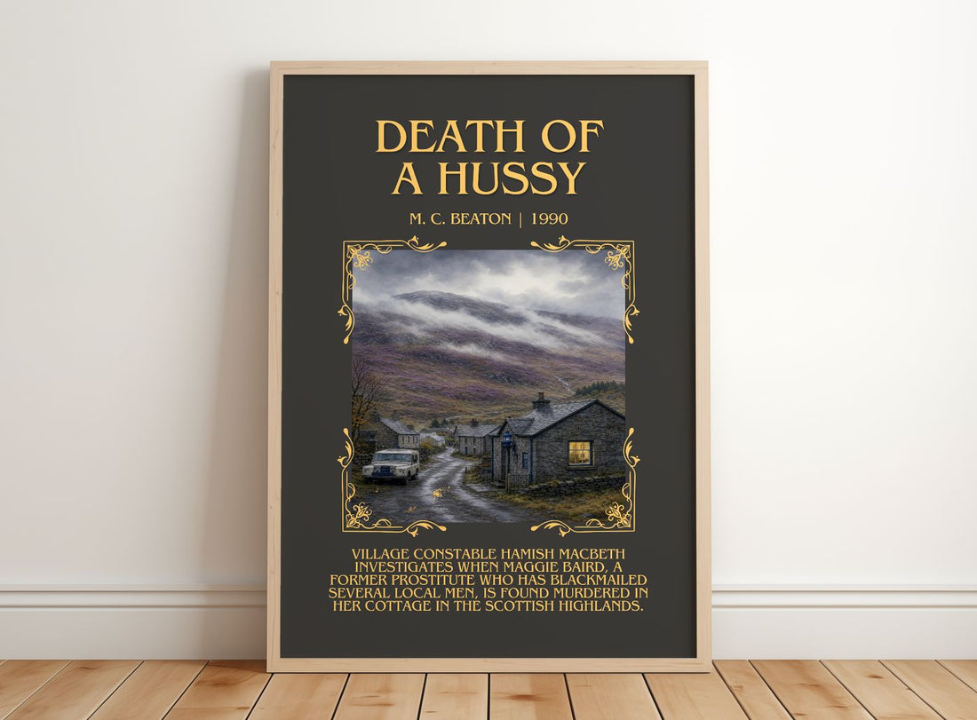 Death of a Hussy Minimalist Book Poster by M. C. Beaton – framed print leaning on a wooden floor