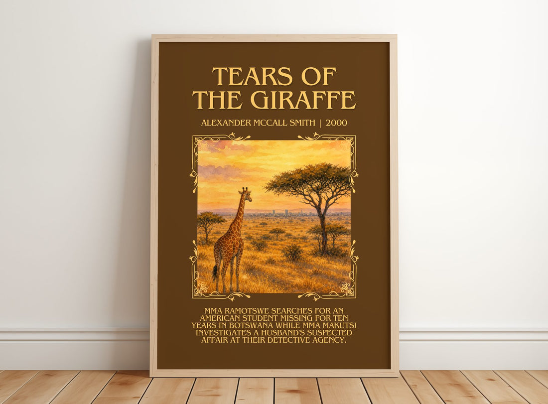 Tears of the Giraffe Minimalist Book Poster by Alexander McCall Smith – framed print leaning on a wooden floor