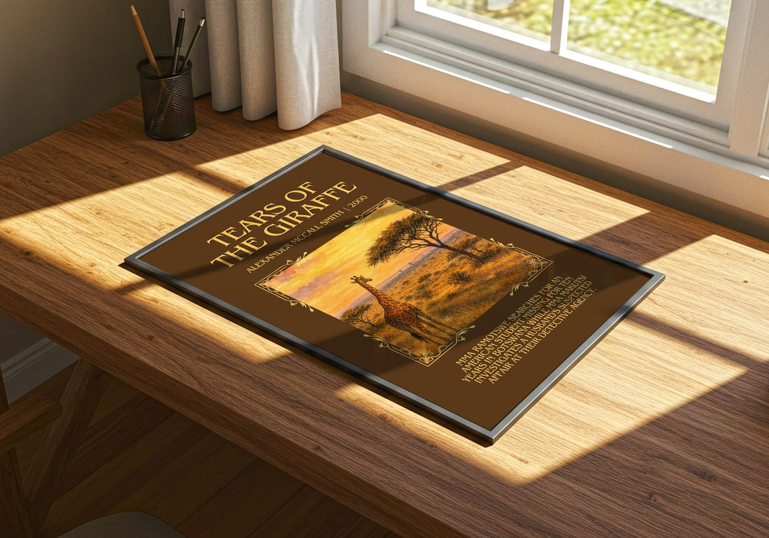 Tears of the Giraffe Minimalist Book Poster by Alexander McCall Smith – print on a sunlit desk