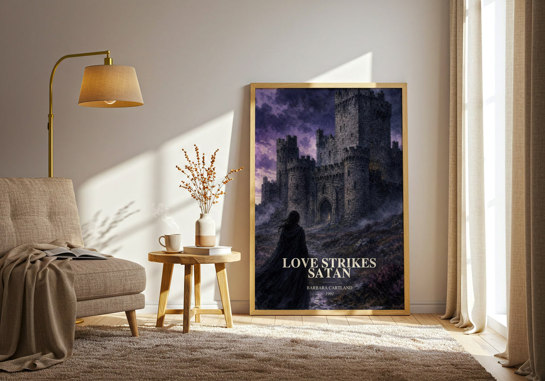 Love Strikes Satan watercolour print in frame leaning in hallway – romance wall art (mockup)