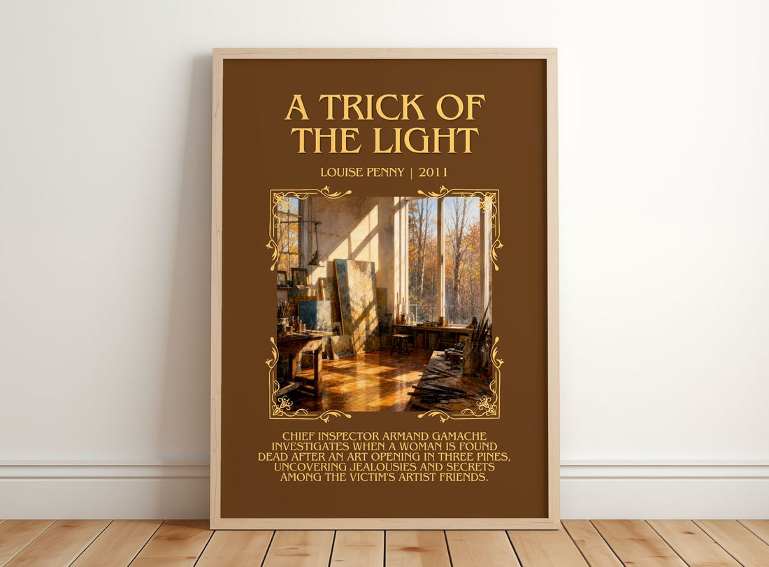 A Trick of the Light Minimalist Book Poster by Louise Penny – framed print leaning on a wooden floor