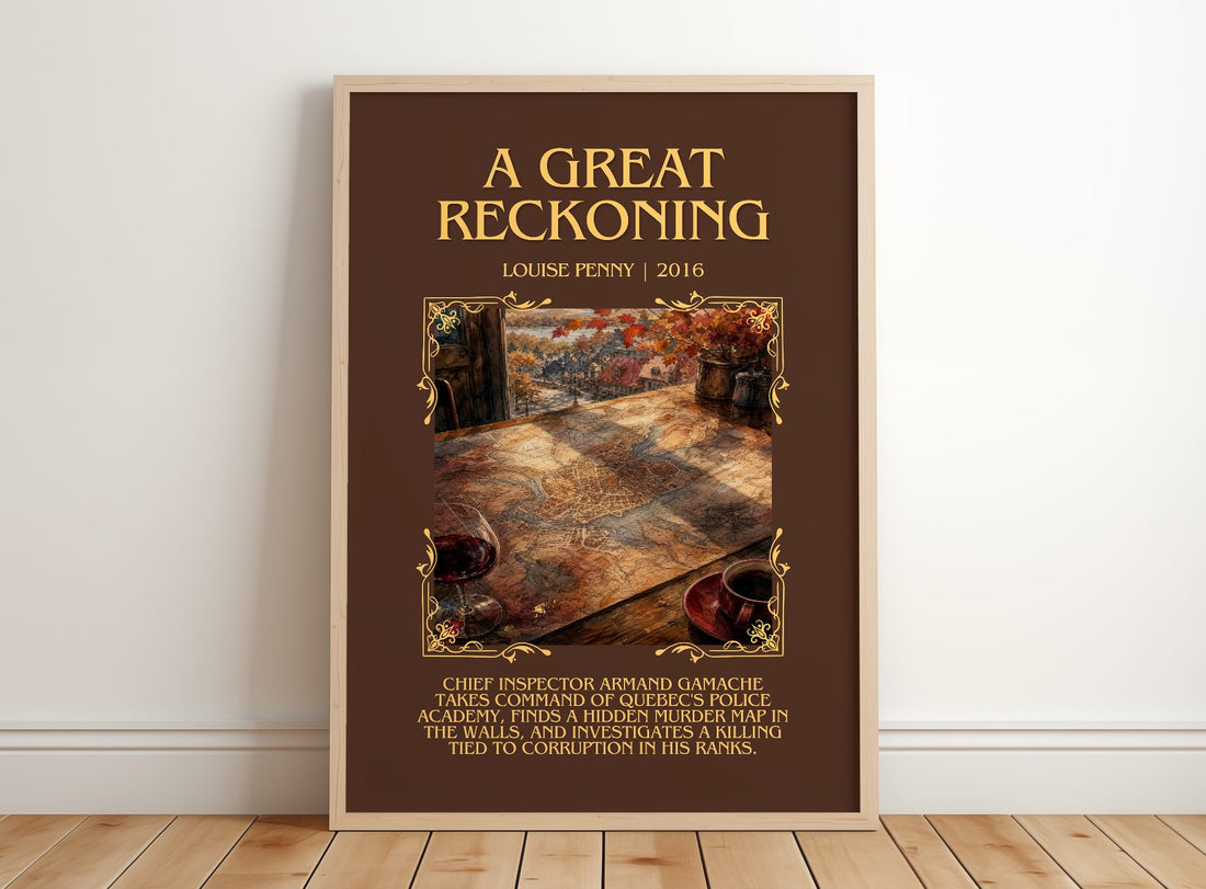 A Great Reckoning Minimalist Book Poster by Louise Penny – framed print leaning on a wooden floor