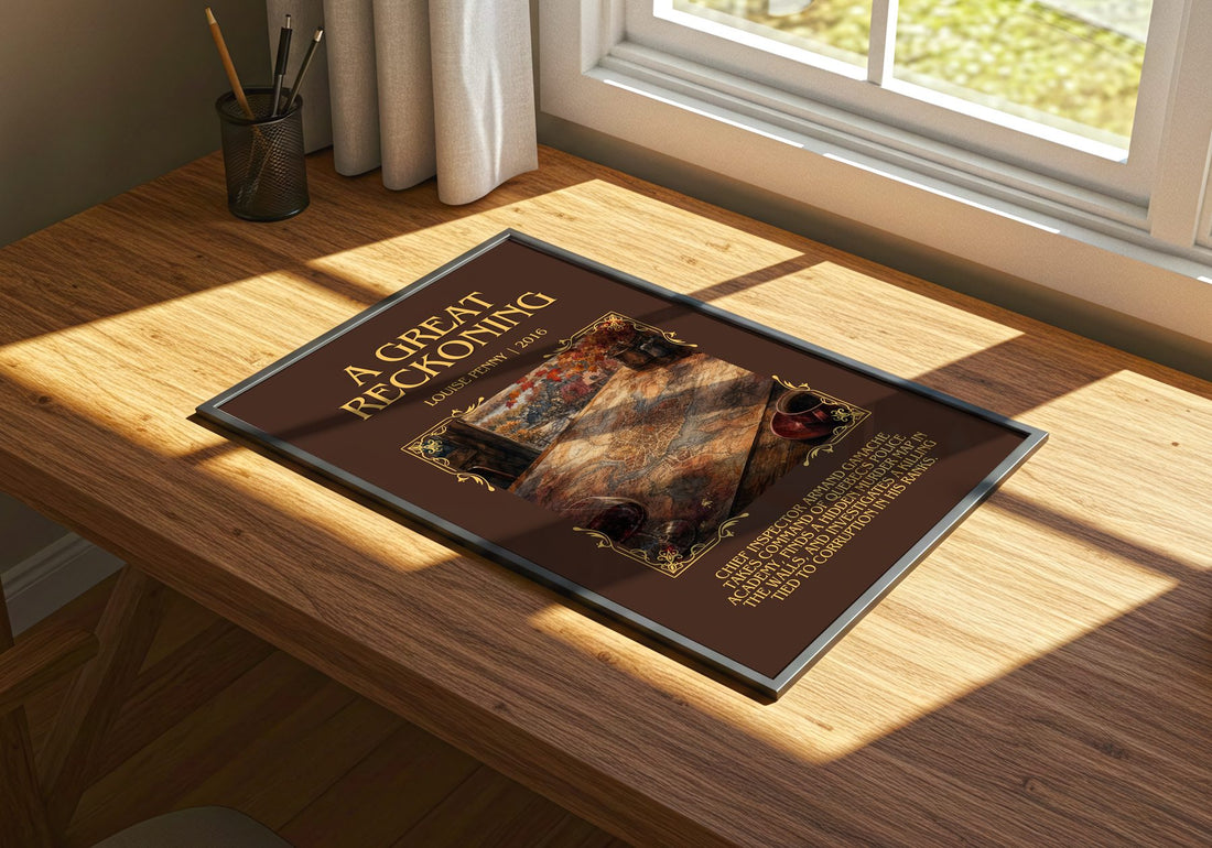 A Great Reckoning Minimalist Book Poster by Louise Penny – print on a sunlit desk