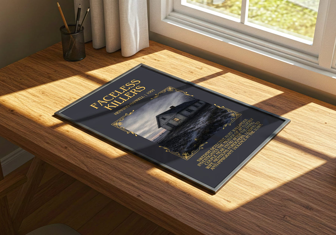 Faceless Killers Minimalist Book Poster by Henning Mankell – print on a sunlit desk