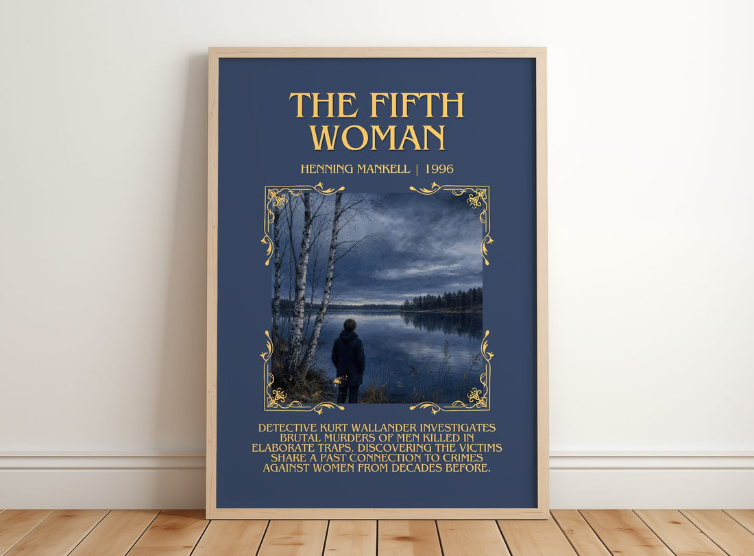 The Fifth Woman Minimalist Book Poster by Henning Mankell – framed print leaning on a wooden floor