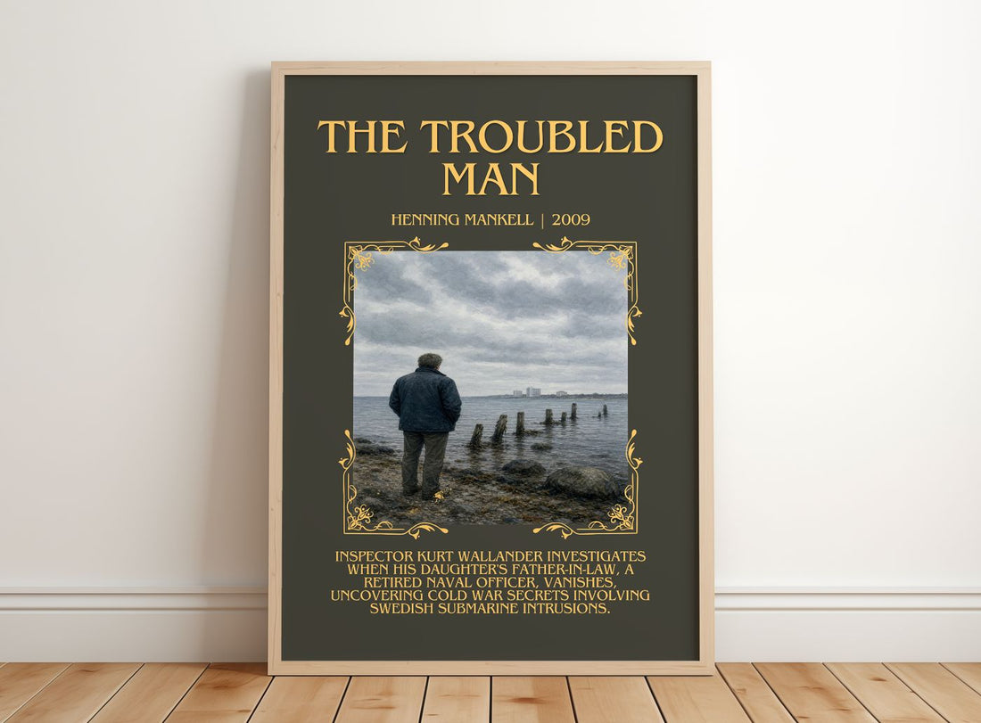 The Troubled Man Minimalist Book Poster by Henning Mankell – framed print leaning on a wooden floor