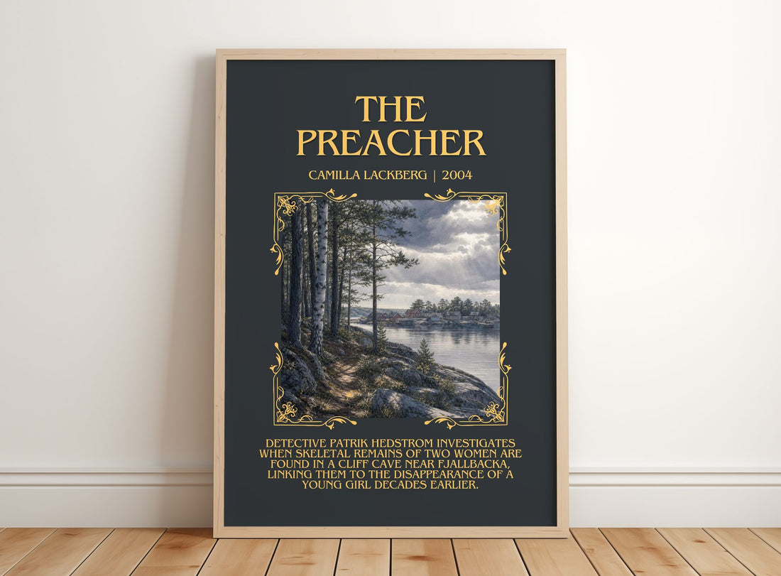 The Preacher Minimalist Book Poster by Camilla Läckberg – framed print leaning on a wooden floor