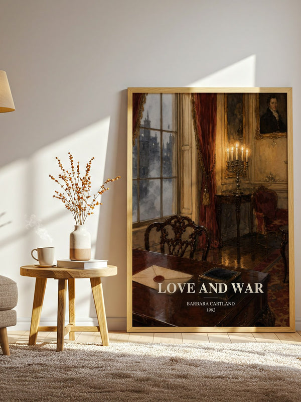 Love And War watercolour print in frame leaning in hallway – romance wall art