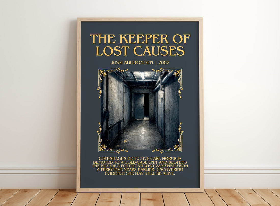 The Keeper of Lost Causes Minimalist Book Poster by Jussi Adler-Olsen – framed print leaning on a wooden floor