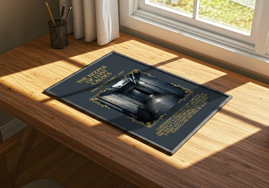 The Keeper of Lost Causes Minimalist Book Poster by Jussi Adler-Olsen – print on a sunlit desk
