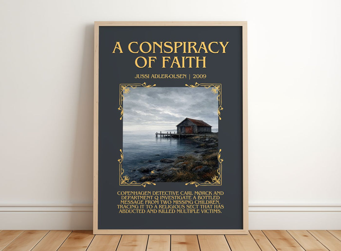 A Conspiracy of Faith Minimalist Book Poster by Jussi Adler-Olsen – framed print leaning on a wooden floor