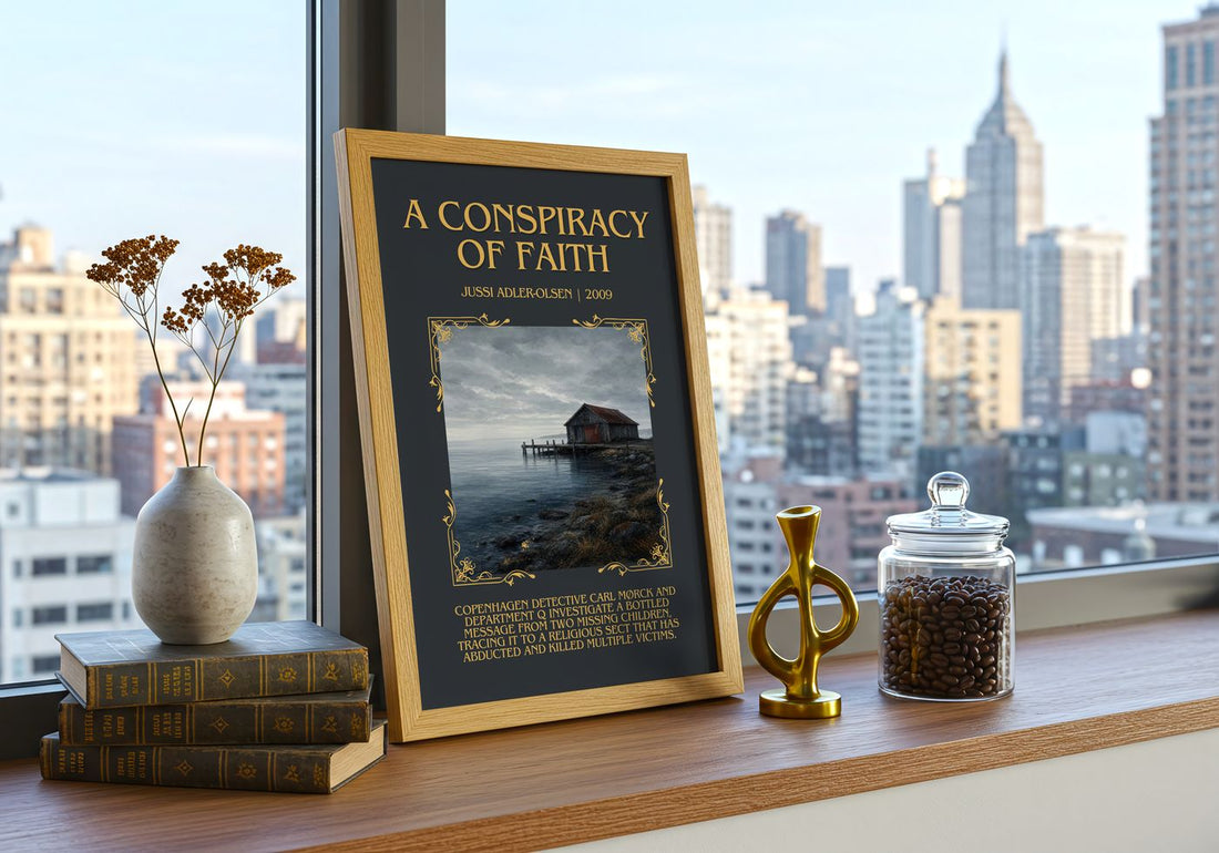 A Conspiracy of Faith Minimalist Book Poster by Jussi Adler-Olsen – framed print on a city-view windowsill