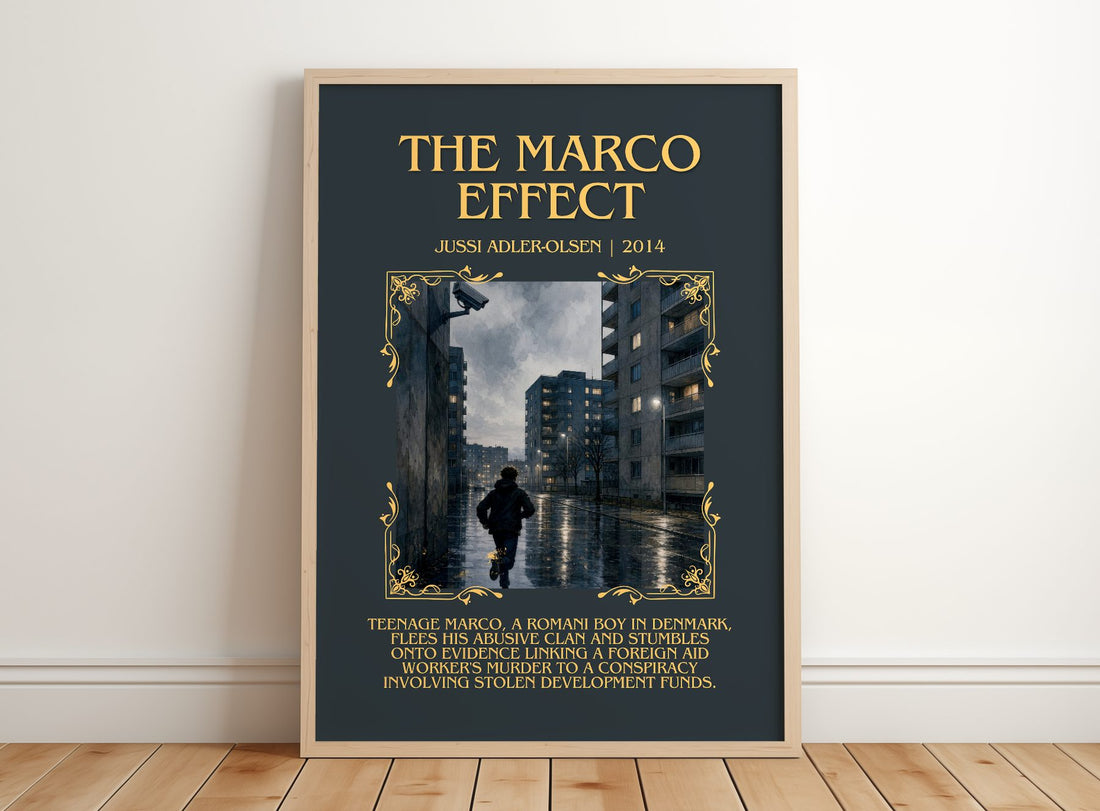 The Marco Effect Minimalist Book Poster by Jussi Adler-Olsen – framed print leaning on a wooden floor