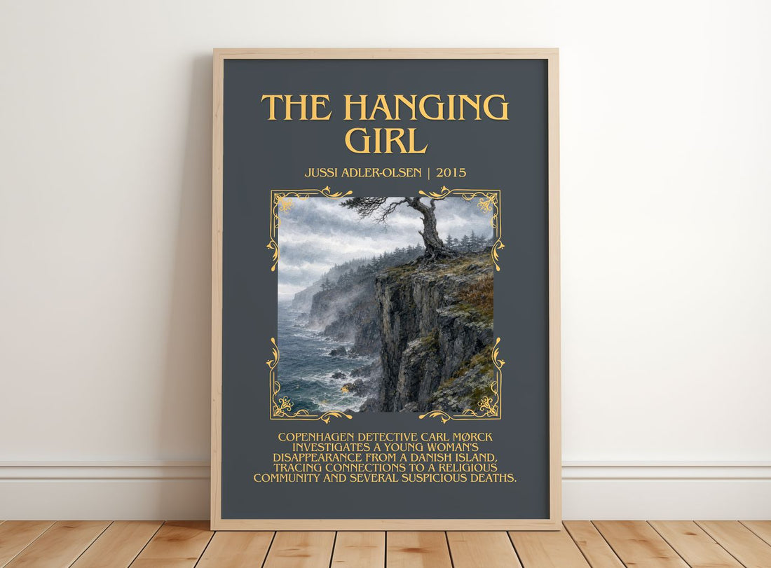 The Hanging Girl Minimalist Book Poster by Jussi Adler-Olsen – framed print leaning on a wooden floor