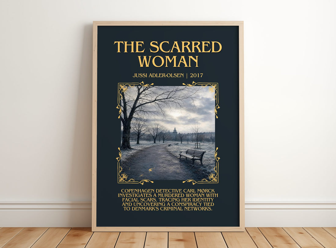 The Scarred Woman Minimalist Book Poster by Jussi Adler-Olsen – framed print leaning on a wooden floor
