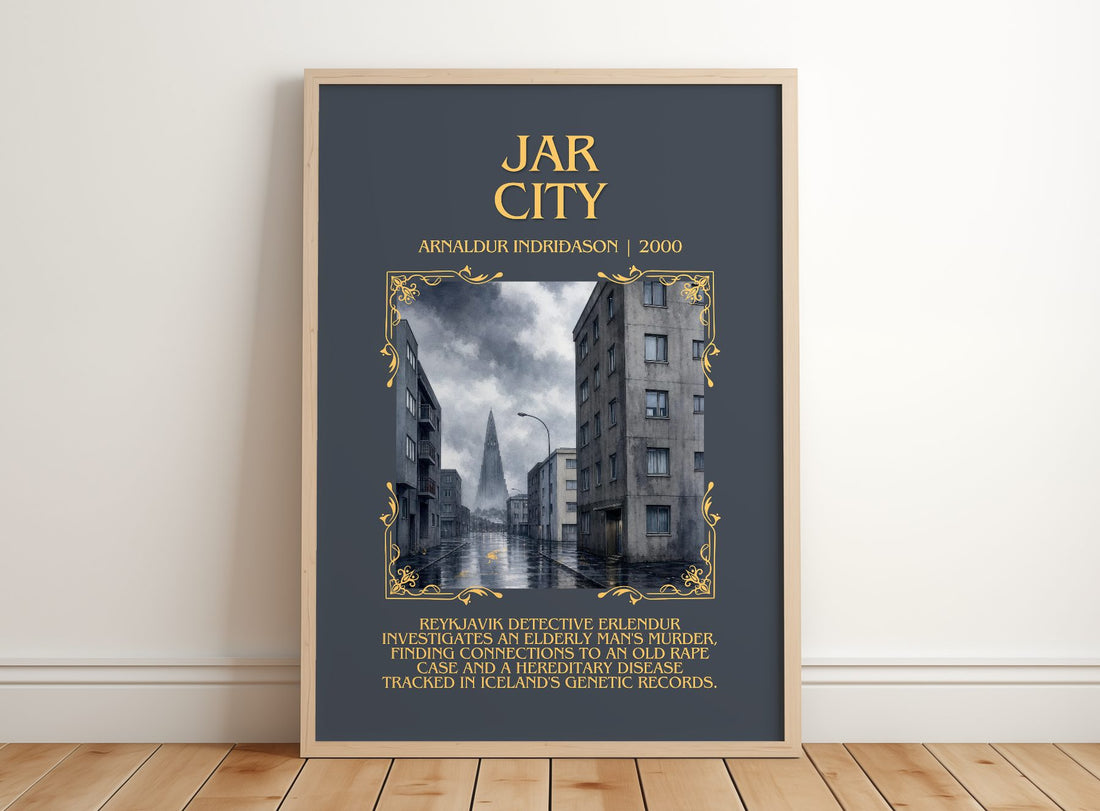 Jar City Minimalist Book Poster by Arnaldur Indriðason – framed print leaning on a wooden floor