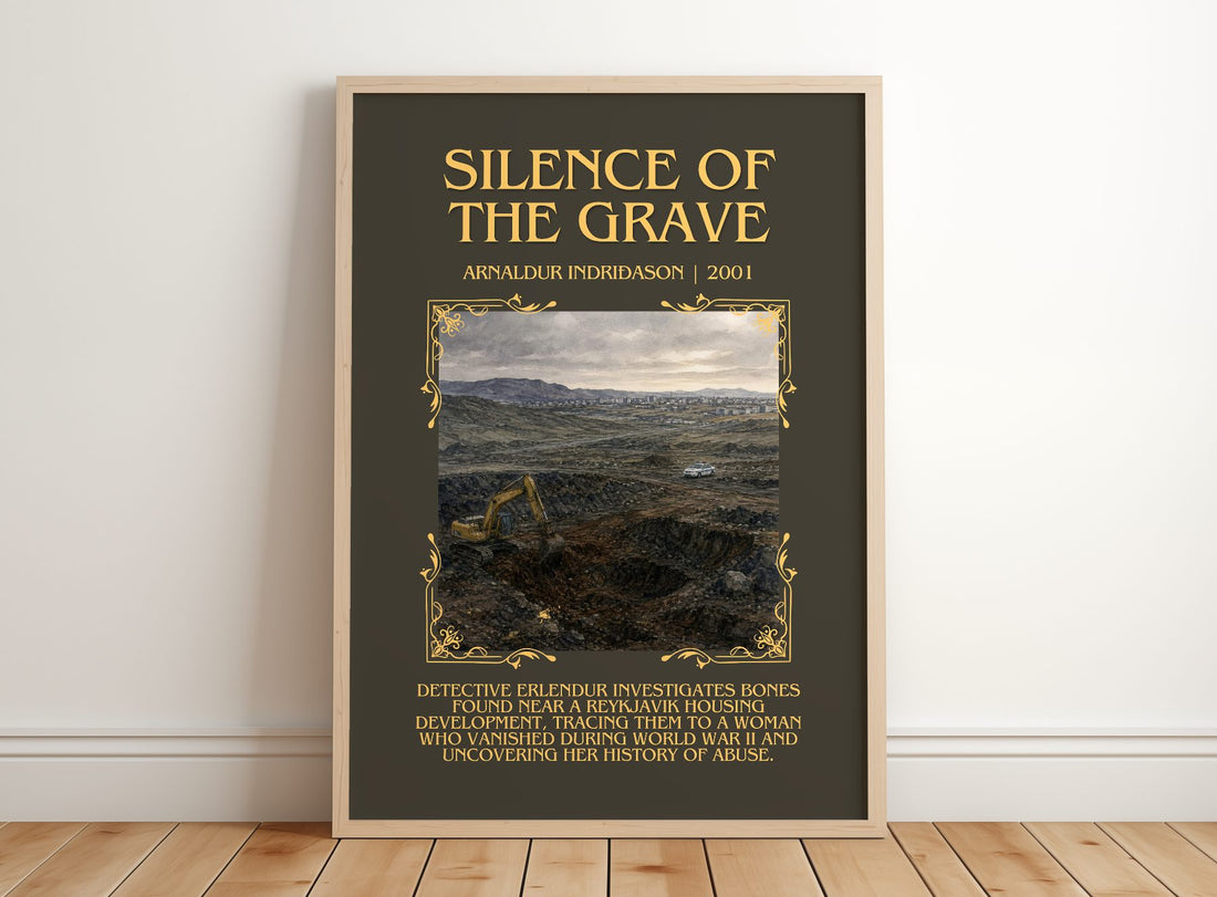 Silence of the Grave Minimalist Book Poster by Arnaldur Indriðason – framed print leaning on a wooden floor