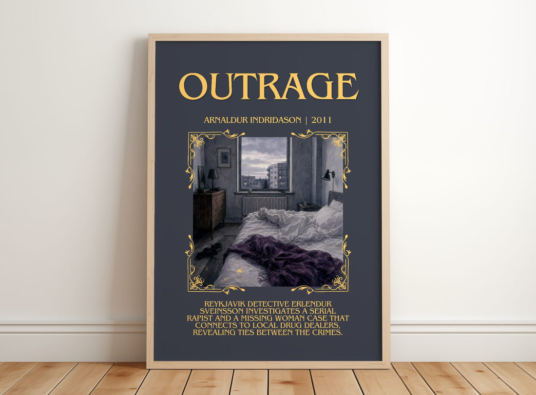 Outrage Minimalist Book Poster by Arnaldur Indriðason – framed print leaning on a wooden floor