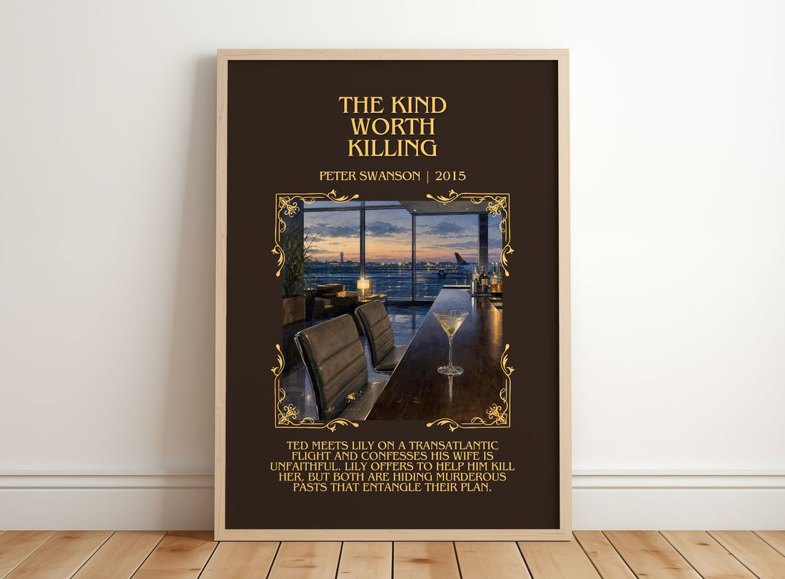 The Kind Worth Killing Minimalist Book Poster by Peter Swanson – framed print leaning on a wooden floor
