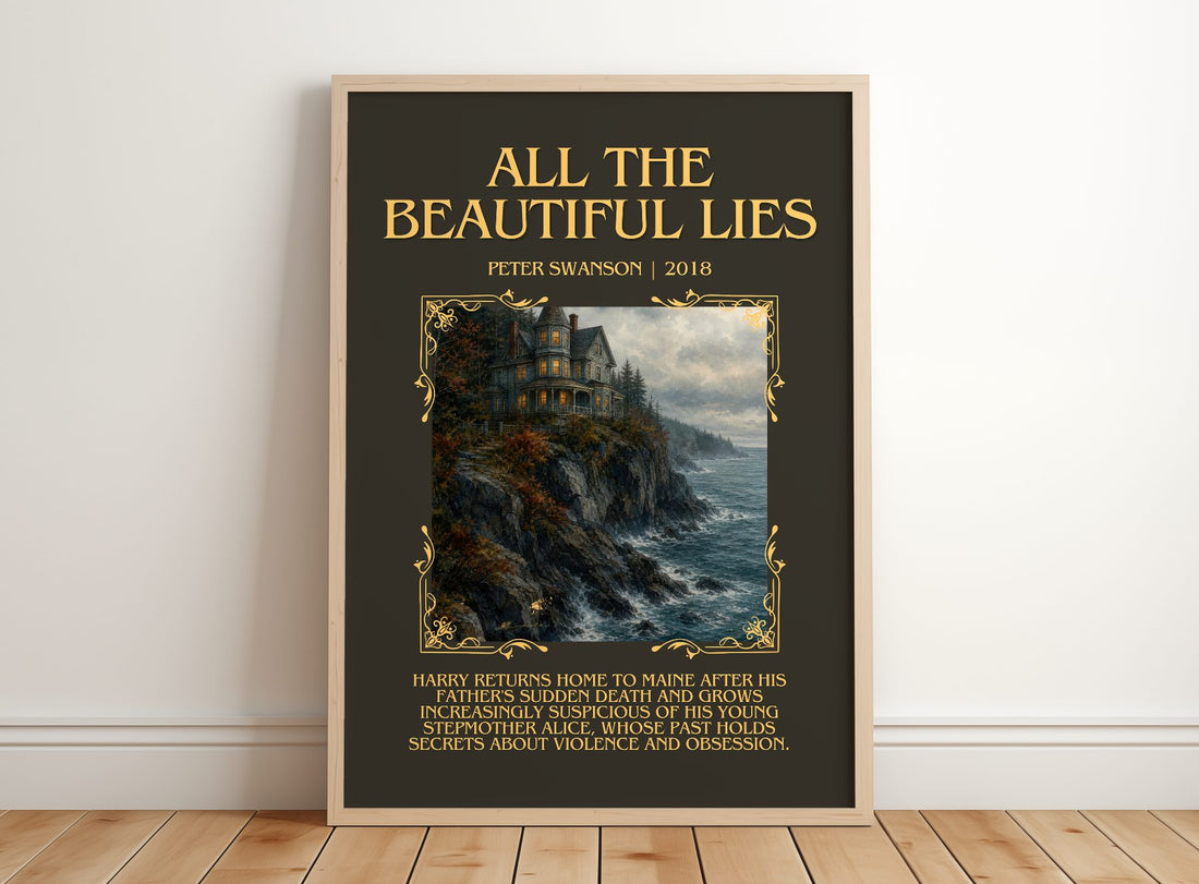 All the Beautiful Lies Minimalist Book Poster by Peter Swanson – framed print leaning on a wooden floor