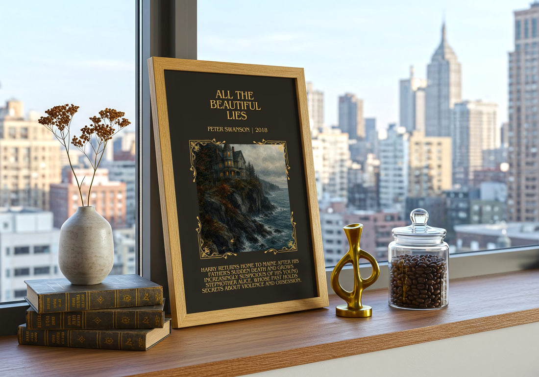 All the Beautiful Lies Minimalist Book Poster by Peter Swanson – framed print on a city-view windowsill