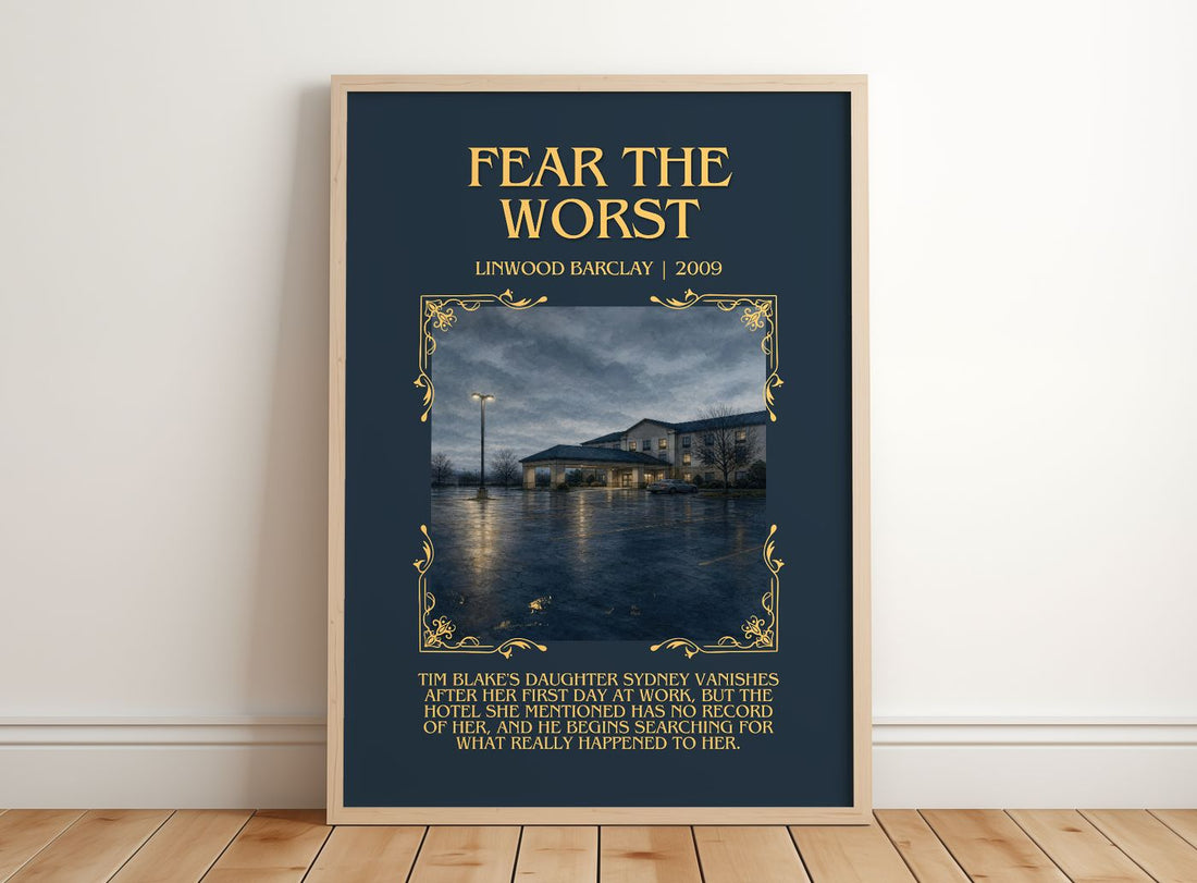 Fear the Worst Minimalist Book Poster by Linwood Barclay – framed print leaning on a wooden floor