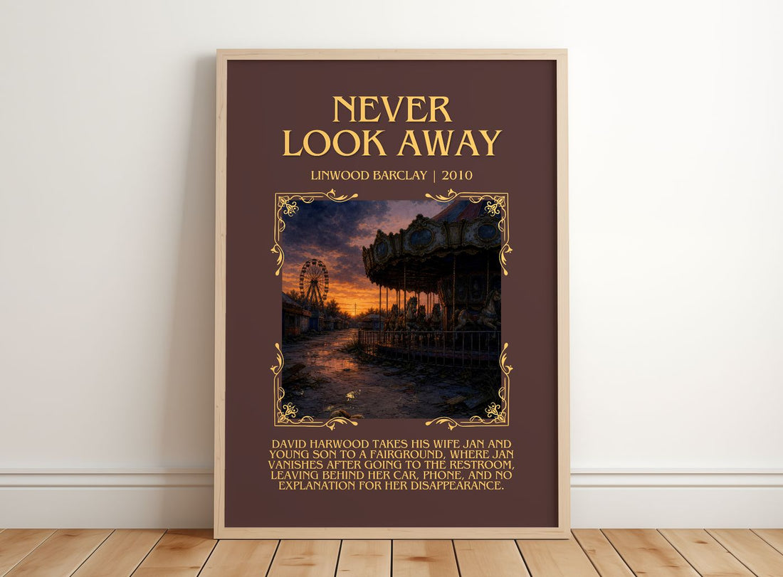 Never Look Away Minimalist Book Poster by Linwood Barclay – framed print leaning on a wooden floor