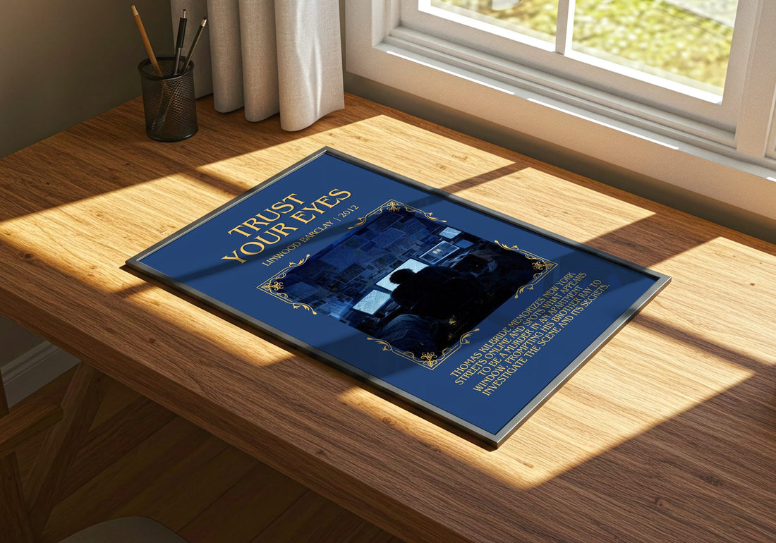 Trust Your Eyes Minimalist Book Poster by Linwood Barclay – print on a sunlit desk