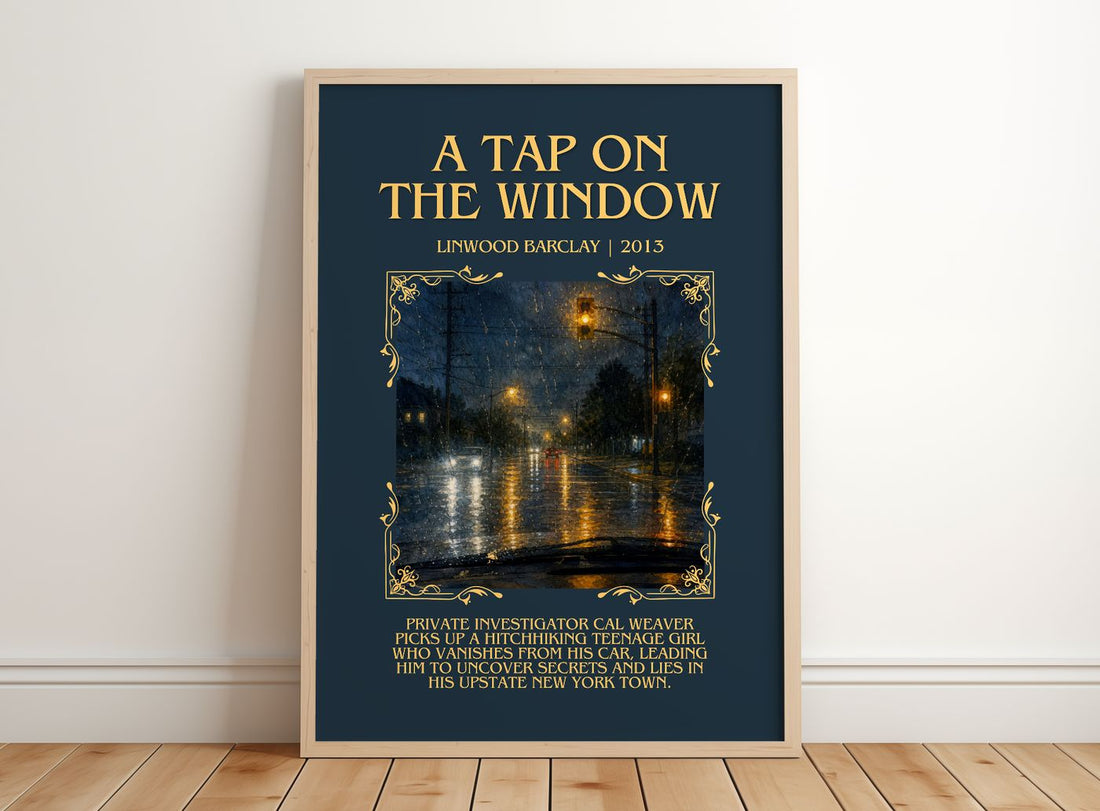 A Tap on the Window Minimalist Book Poster by Linwood Barclay – framed print leaning on a wooden floor