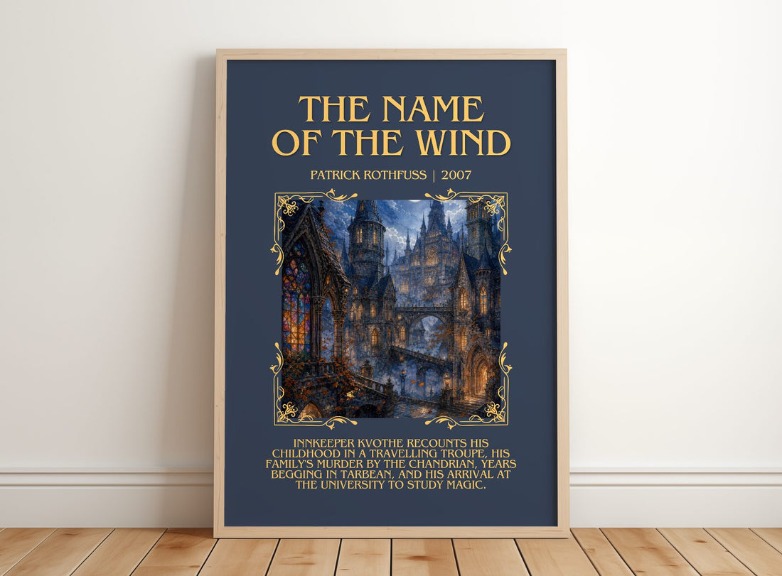 The Name of the Wind Minimalist Book Poster by Patrick Rothfuss – framed print leaning on a wooden floor