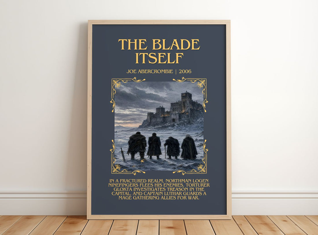 The Blade Itself Minimalist Book Poster by Joe Abercrombie – framed print leaning on a wooden floor