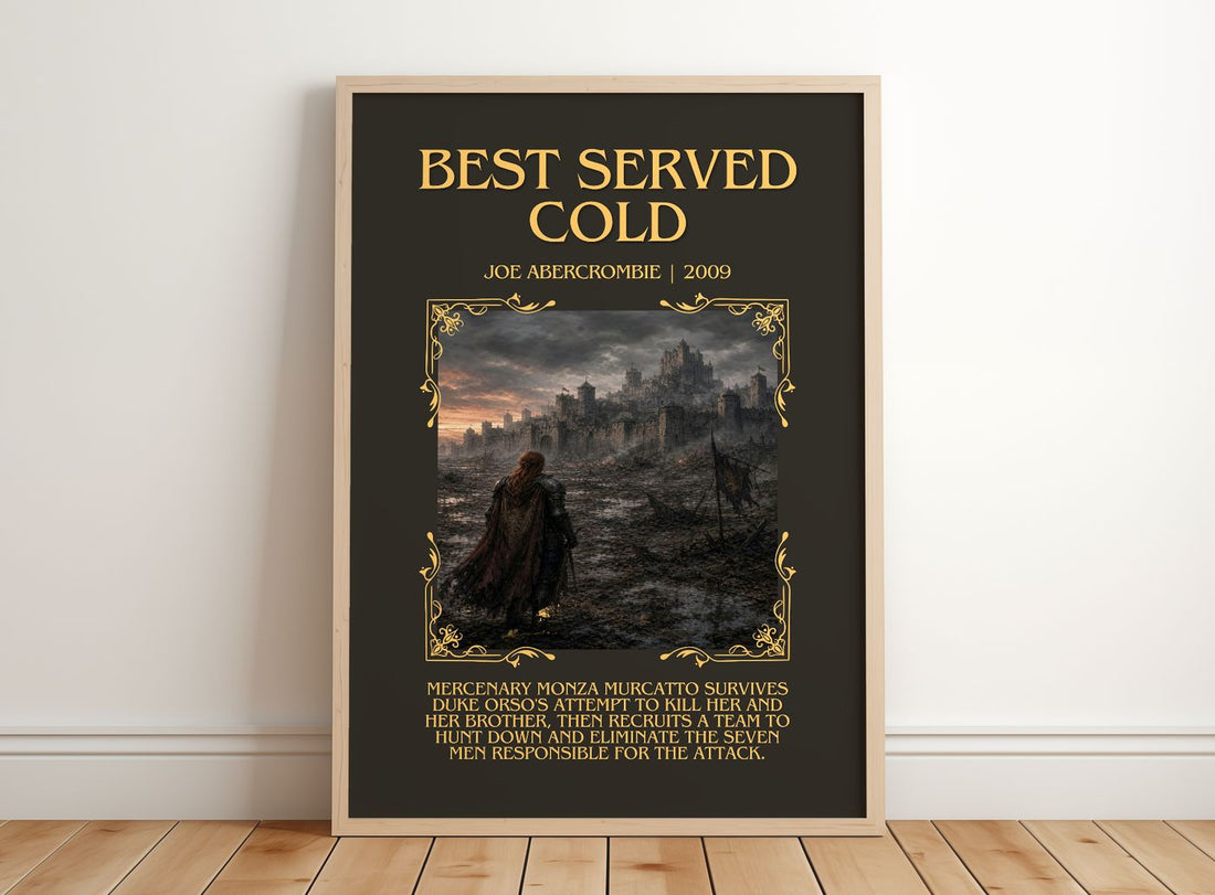 Best Served Cold Minimalist Book Poster by Joe Abercrombie – framed print leaning on a wooden floor