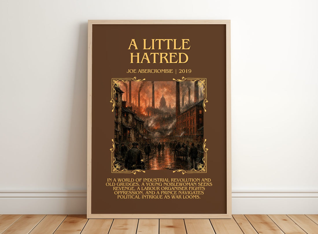 A Little Hatred Minimalist Book Poster by Joe Abercrombie – framed print leaning on a wooden floor