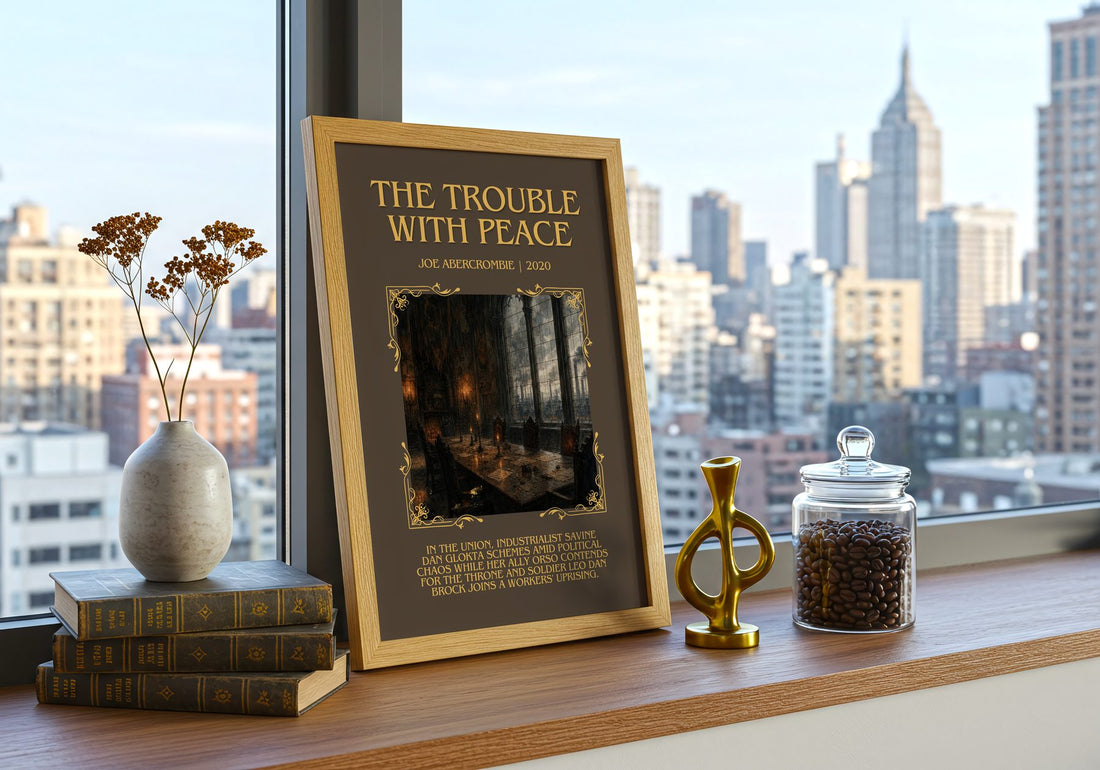 The Trouble with Peace Minimalist Book Poster by Joe Abercrombie – framed print on a city-view windowsill