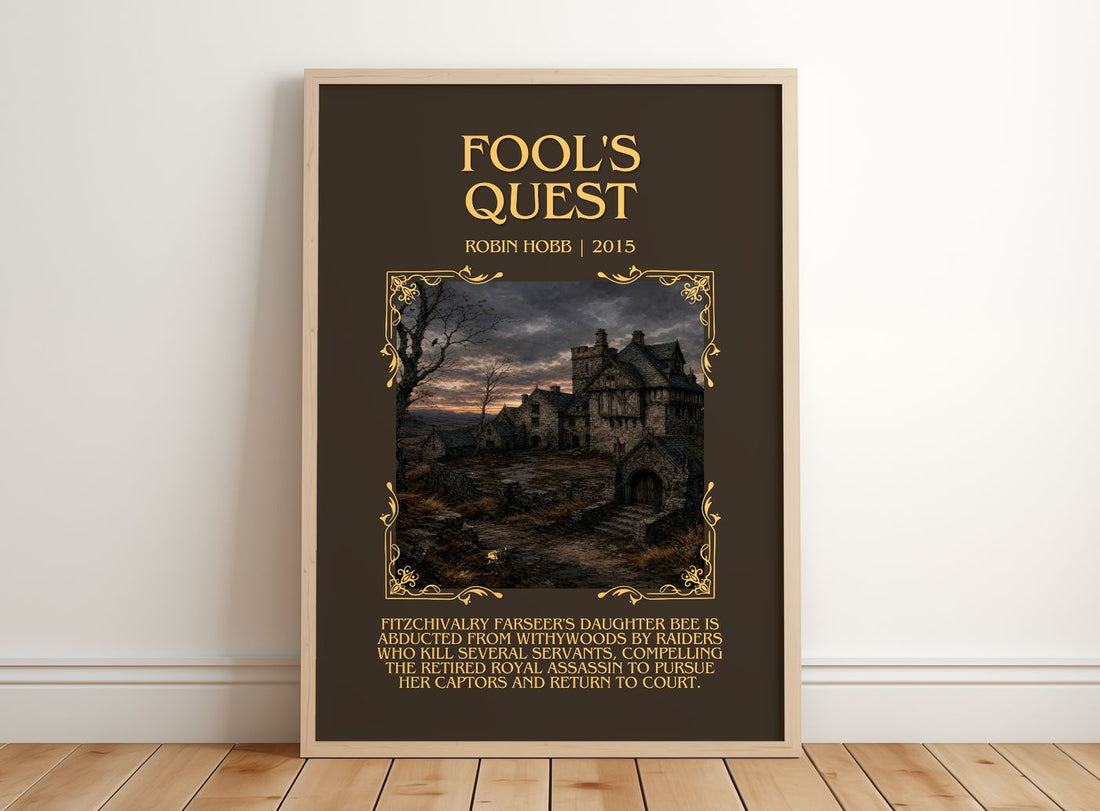 Fool's Quest Minimalist Book Poster by Robin Hobb – framed print leaning on a wooden floor