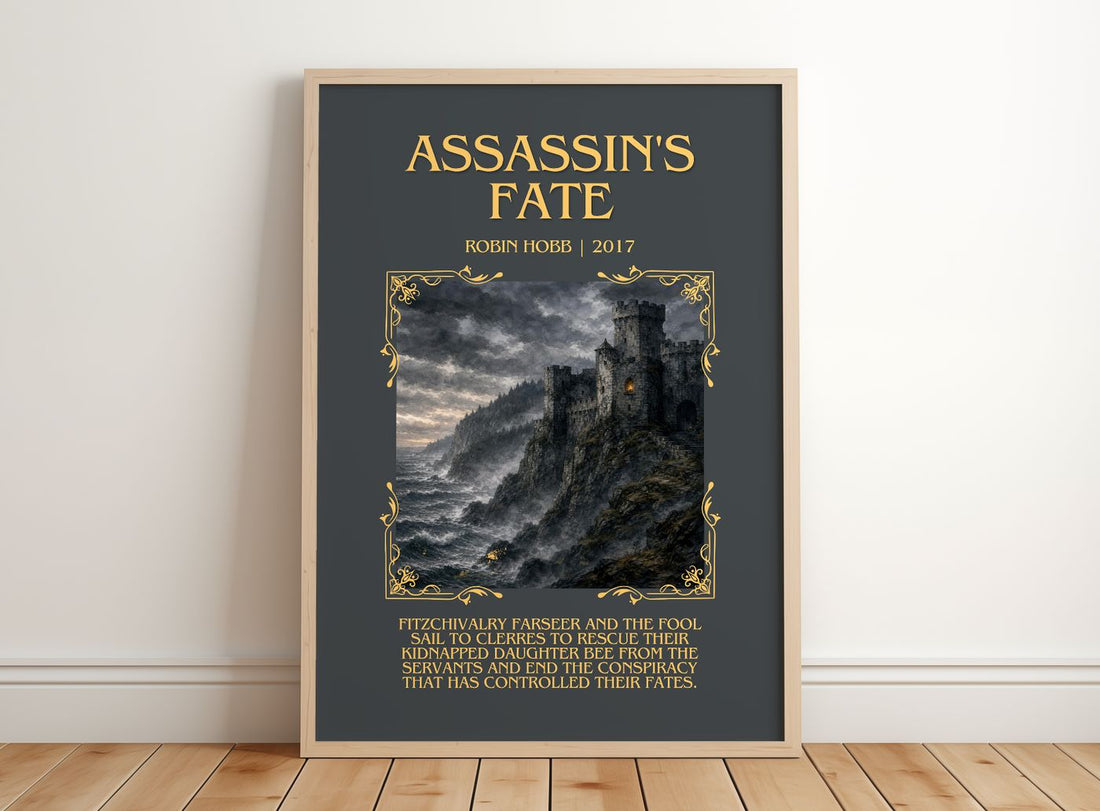 Assassin's Fate Minimalist Book Poster by Robin Hobb – framed print leaning on a wooden floor