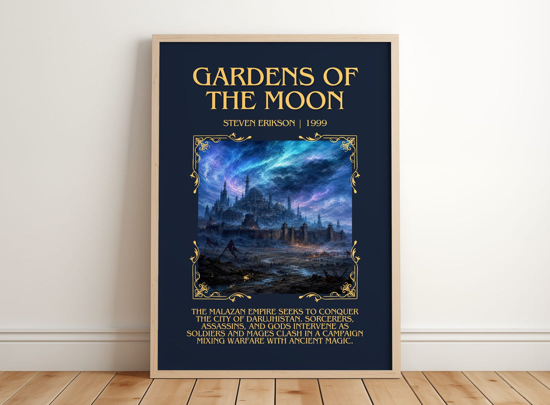 Gardens of the Moon Minimalist Book Poster by Steven Erikson – framed print leaning on a wooden floor