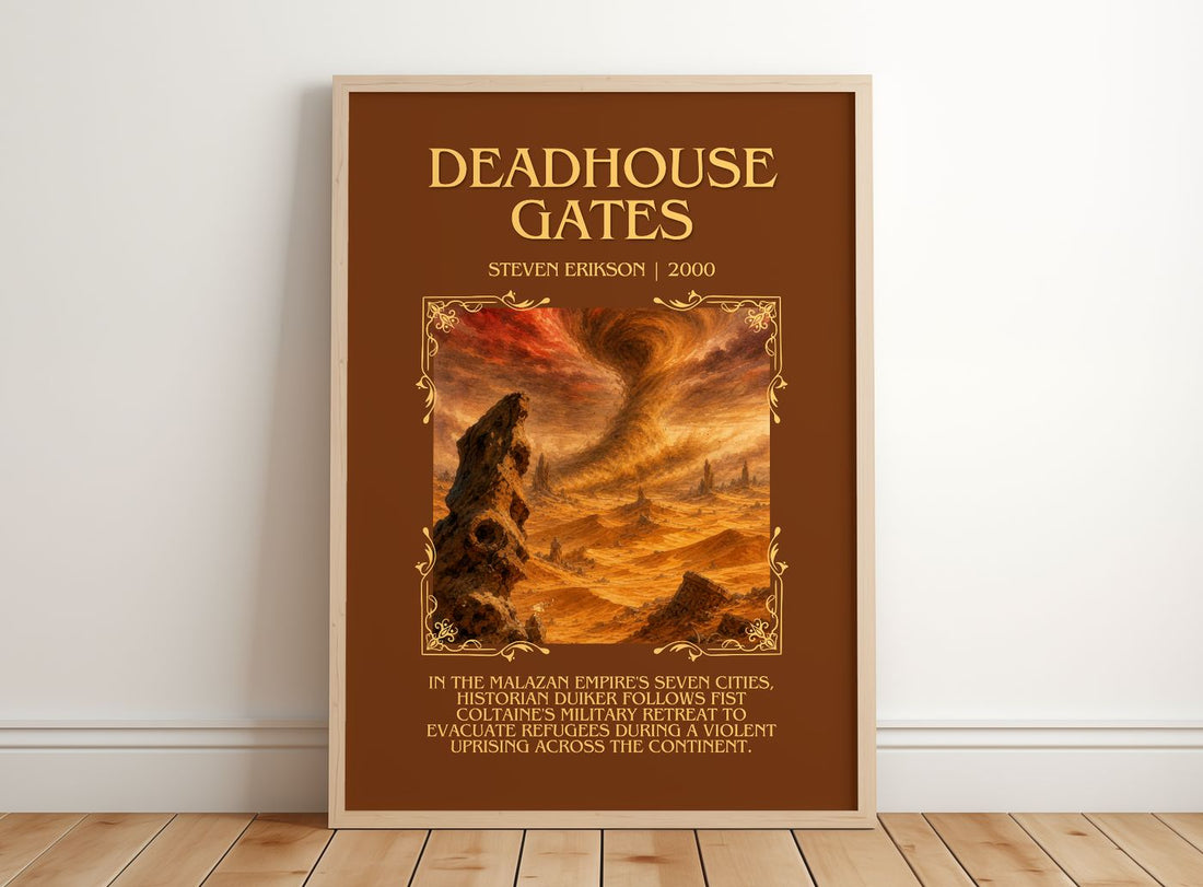 Deadhouse Gates Minimalist Book Poster by Steven Erikson – framed print leaning on a wooden floor