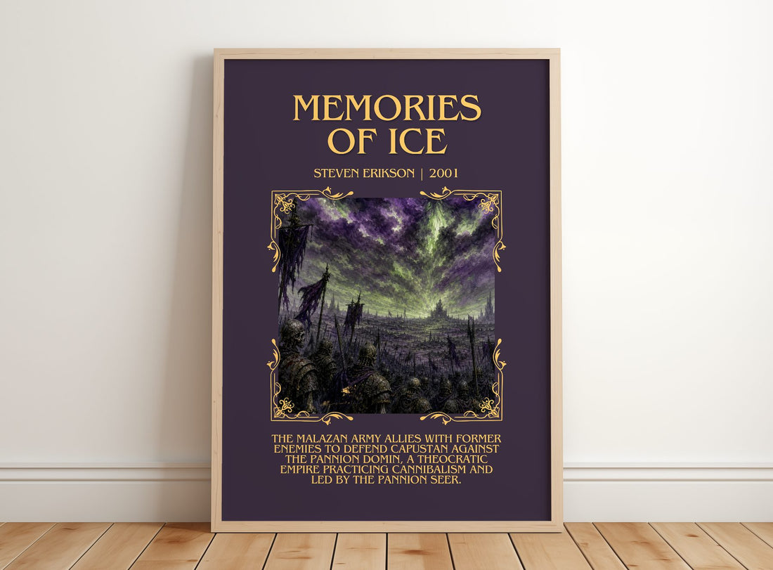 Memories of Ice Minimalist Book Poster by Steven Erikson – framed print leaning on a wooden floor