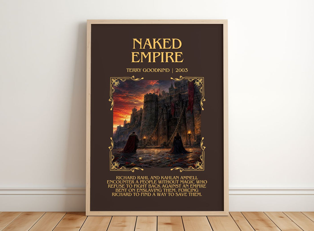 Naked Empire Minimalist Book Poster by Terry Goodkind – framed print leaning on a wooden floor